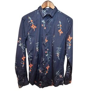 Perry Ellis Navy Blue Floral Botanical Long Sleeve Button Down Shirt Size M